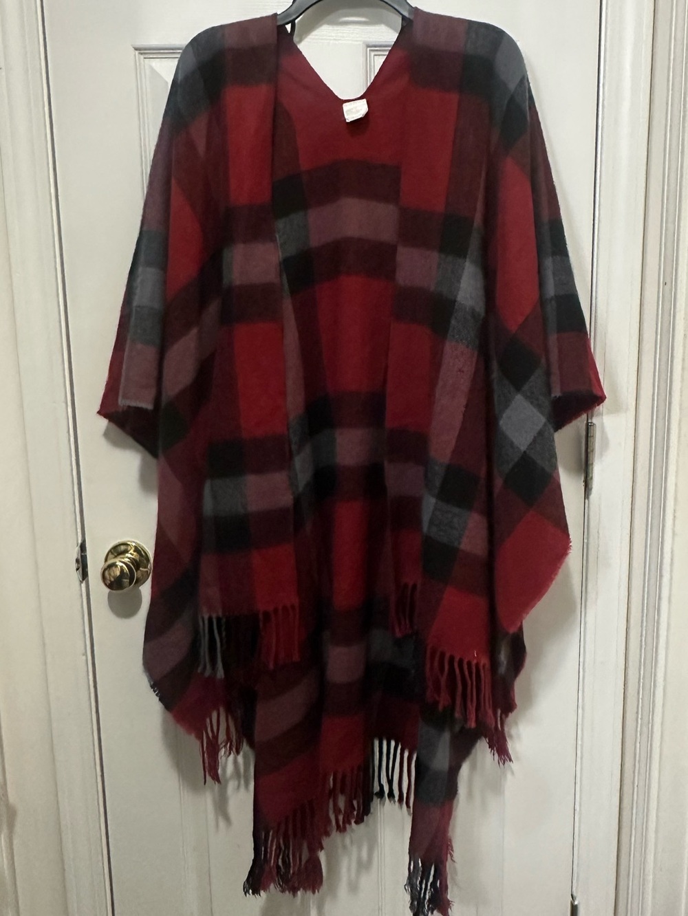 Plaid Fringe Poncho - Red and Gray - Picture 1 of 7